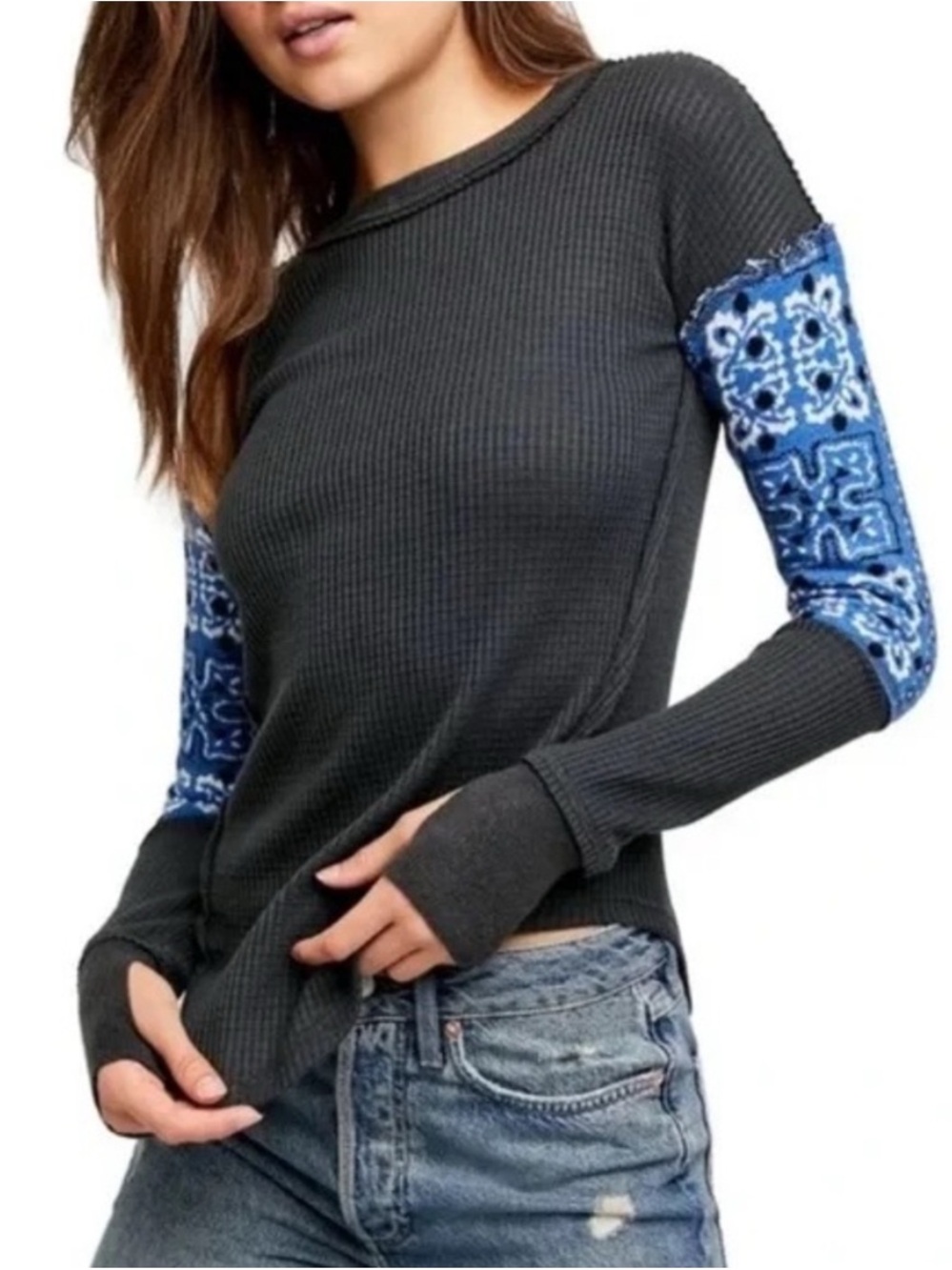 We The Free Charcoal Waffle Knit Top with Blue Patterned Sleeve Panels